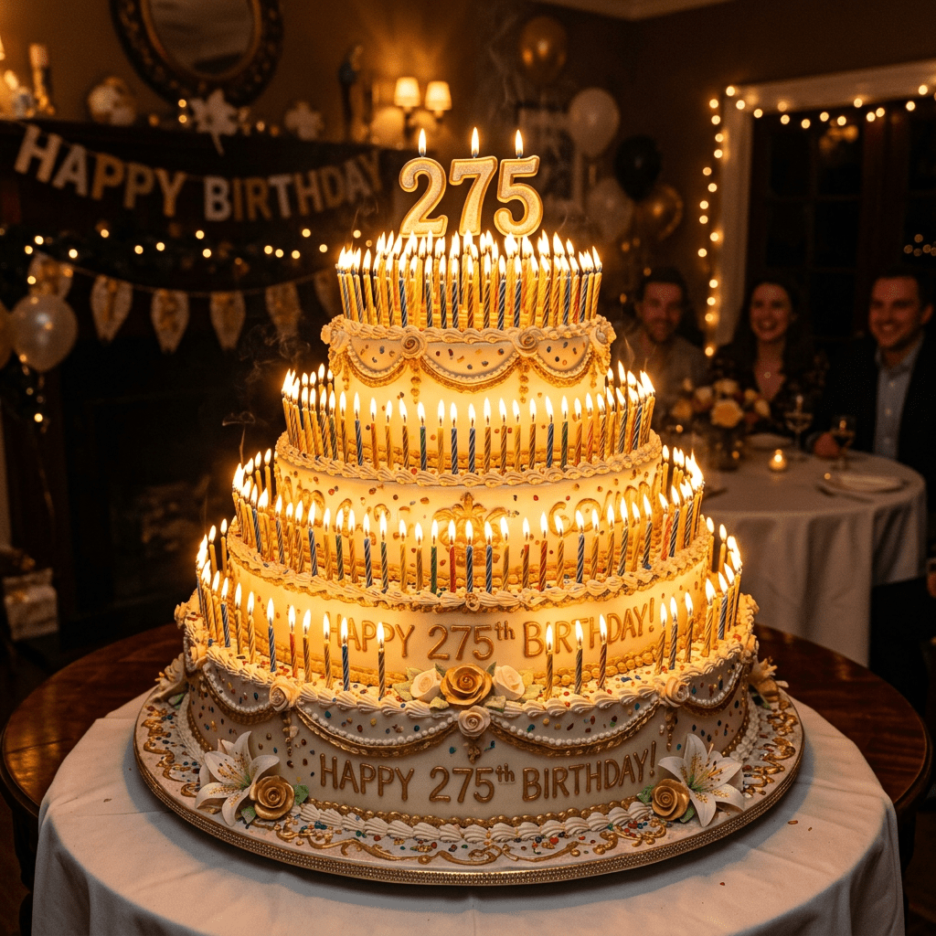 Large four-tier birthday cake with many lit candles and 'Happy 275th Birthday!' decoration